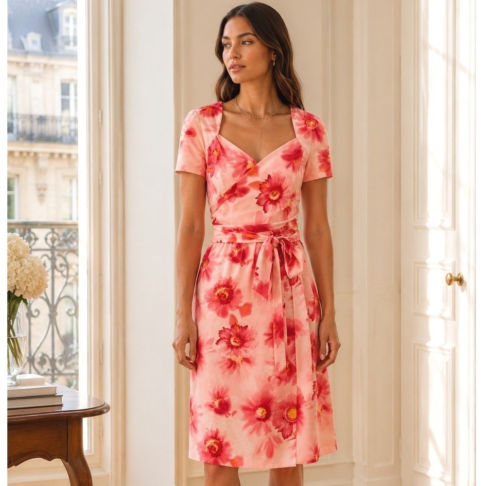 Escada Pink Floral Silk Drape Tie Dress Short Sleeve Front Cross Size 40